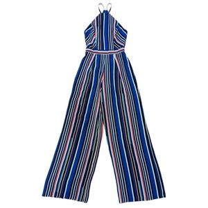 Bebe Wide Leg Palazzo Halter Neck Blue Black White Coral Pink Striped Jumpsuit